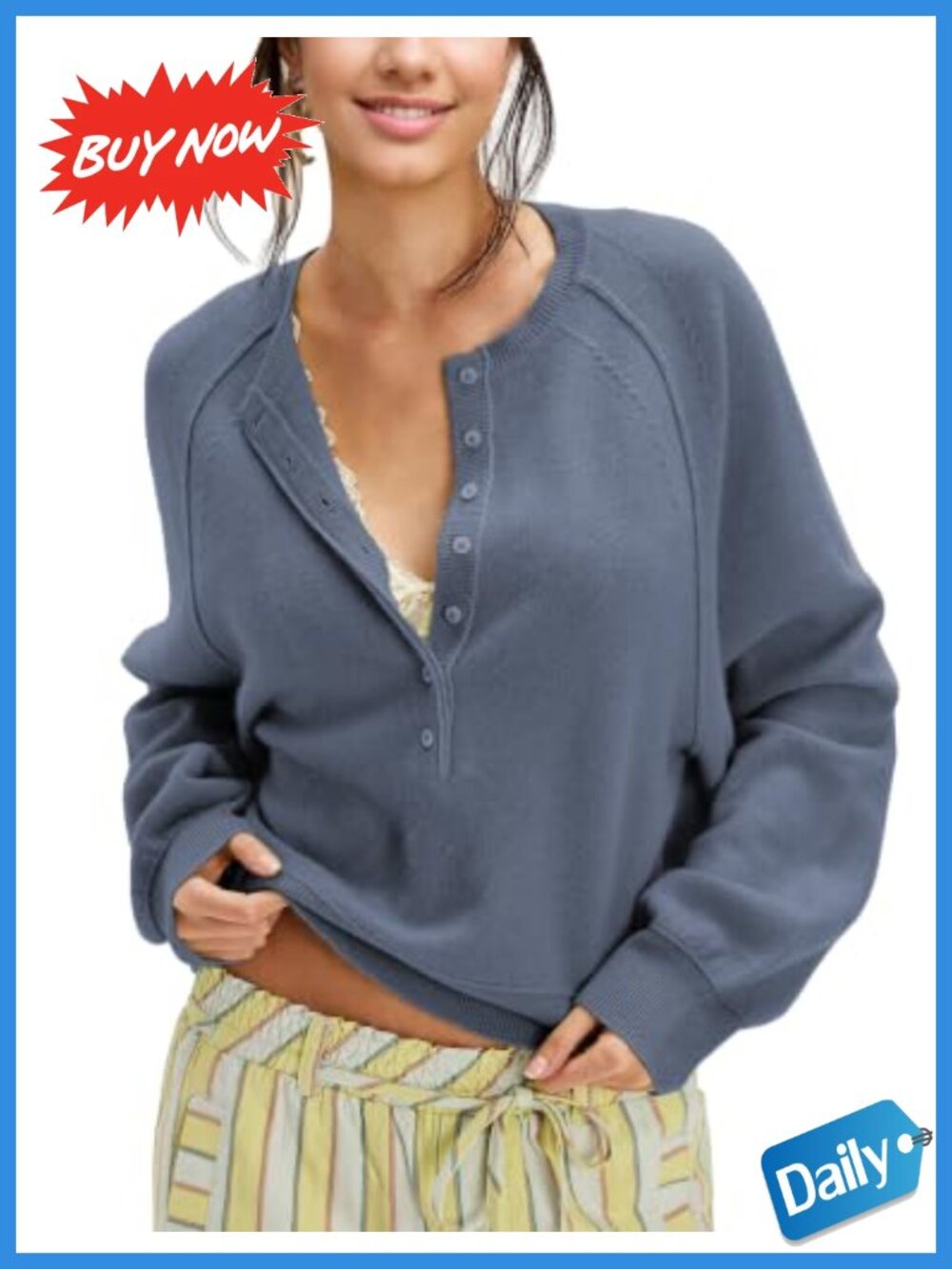 Half Button Henley Neck Knit Pullover Sweater Acrylic Cotton Loose Fit